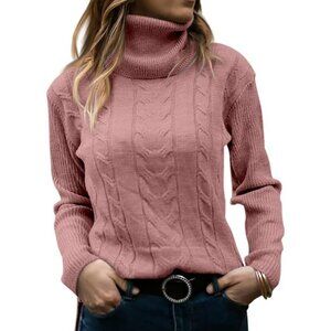 Womens Dark Pink Pull On Cable Knit Turtleneck Long Sleeve Casual Warm Sweaters